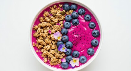 Vibrant Smoothie Bowl with Dragonfruit Blueberries Granola and Edible Flowers on White Background