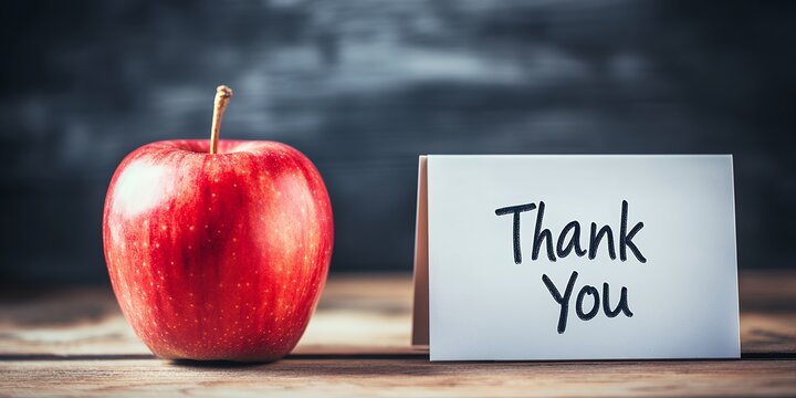 A shiny red apple and a thank you card on a wooden surface against a dark blurry background