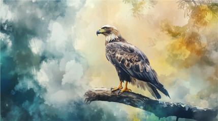 Fototapeta premium Vector illustration of a Galapagos hawk perched on a tree branch. Watercolor paint