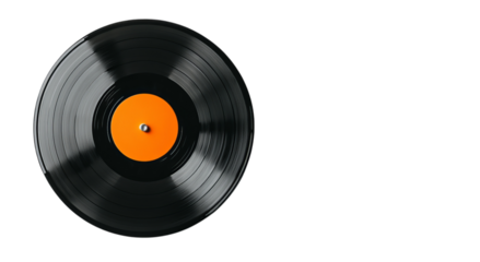 Png of A classic black vinyl record spins elegantly, showcasing its iconic orange center against a stark black background.