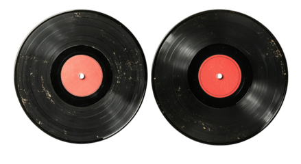 Png of Two vintage vinyl records with worn surfaces, showcasing a nostalgic vibe and classic music aesthetics.