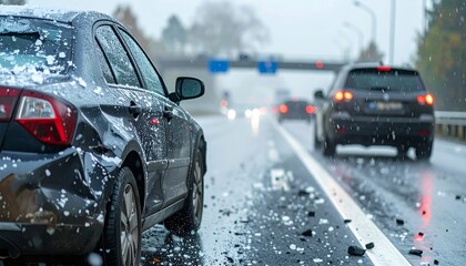 Damaged Car on Snowy Highway During Winter Storm