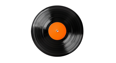 Png of A classic black vinyl record with a vibrant orange label centered in the frame, evoking a nostalgic musical vibe.