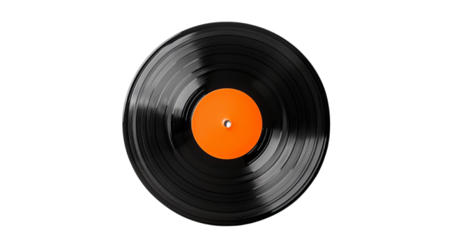 Png of A classic black vinyl record with a vibrant orange label centered in the frame, evoking a nostalgic musical vibe.