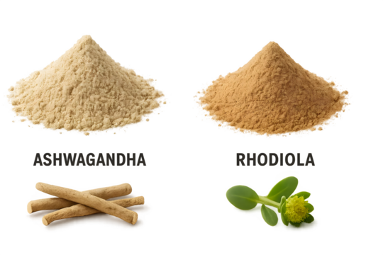 Two piles of powdered herbs: ashwagandha on the left and rhodiola on the right, each accompanied by their root forms. Concept Herbal Remedies, Ashwagandha Benefits, Rhodiola Uses