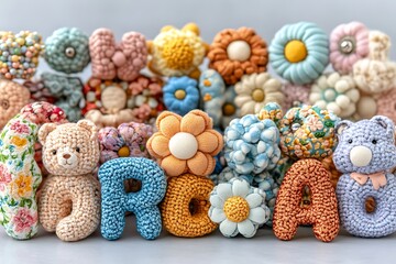 Colorful crocheted letters and flowers, charming display.