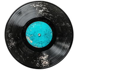 Png of A well-loved vintage vinyl record featuring a bright turquoise label, showcasing its nostalgic charm and character.