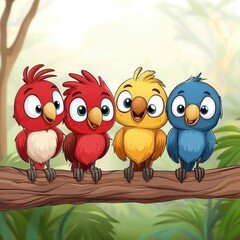 Fototapeta premium Four Colorful Cartoon Birds on Branch Jungle Background