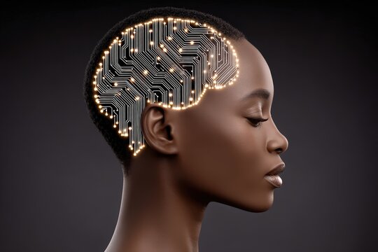 A thoughtful woman with a side profile revealing her brain outlined by glowing circuitry symbols expressing the fusion of technology and human intelligence in a modern digital conceptual setting