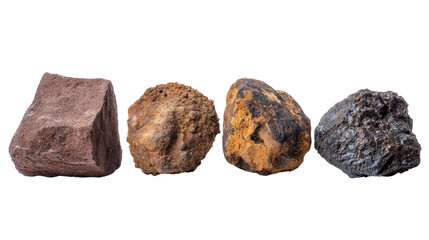 Four Different Types of Rocks Close up Studio Shot Showing Texture and Color Variations
