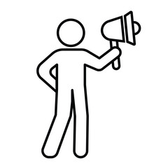 A black and white line art icon of a stick figure standing with one hand on its hip and the other holding a megaphone. related to leadership, public speaking, or important messages.