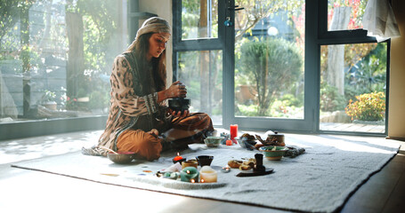 Woman, natural healing and meditation with naturopath for Buddhism, ceremony and culture in studio....