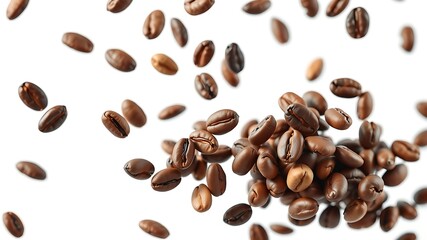 Freshly roasted coffee beans falling and piled against a white background perfectly isolated
