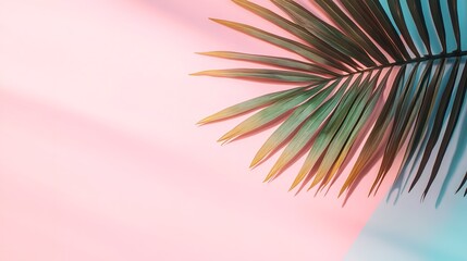 Palm leaf on a pastel pink and blue background