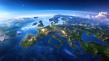 A satellite view of the European continent with a clear delineation of national borders and geographical features such as mountains and rivers.