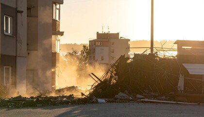 Fototapeta premium Sunset Demolition Site: Dust and Debris Amidst City Buildings