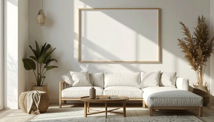 Bright Minimalist Living Room with White Couch and Wooden Frame