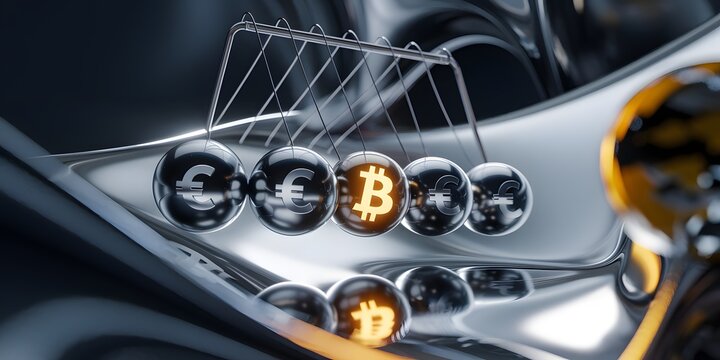 Bitcoin and Euro Currency Exchange: A Newton's Cradle Concept - Powered by Adobe
