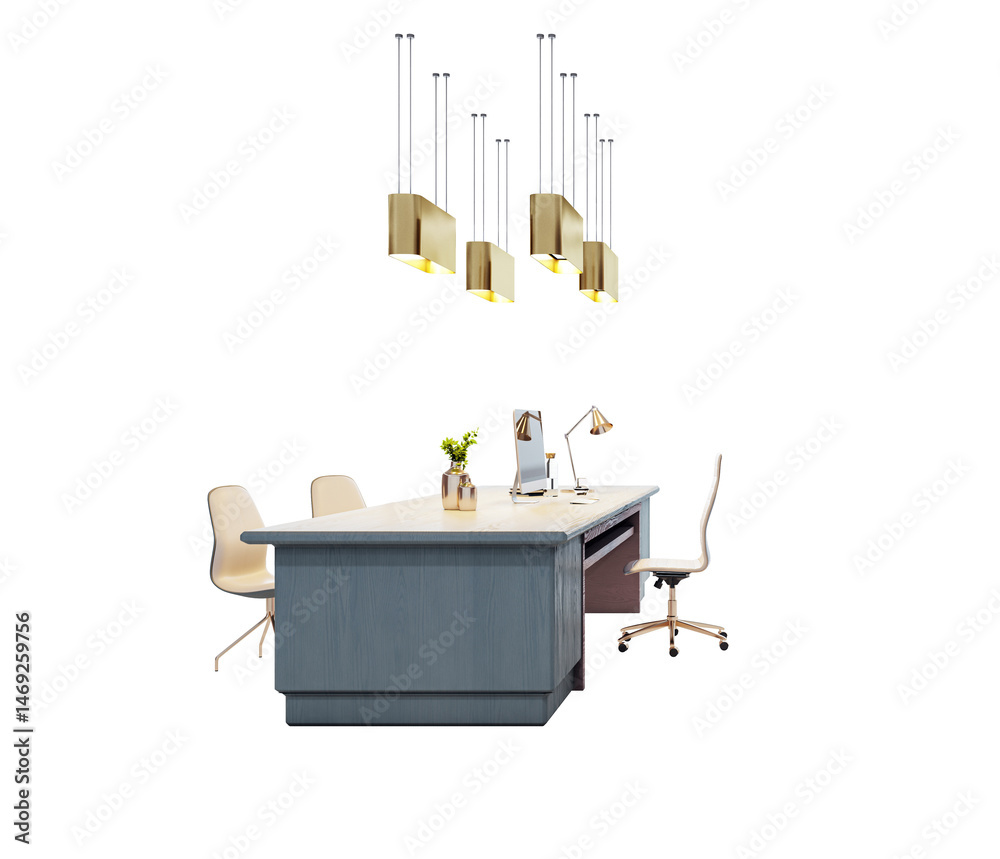 Poster office desk with modern chairs, pendant lights, and desktop items, isolated style on white backgroun