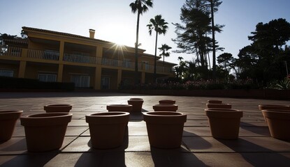 Naklejka premium Terracotta pots arranged in a pattern on a patio, in front of a large yellow house. Sunlight highlights the pots and casts shadows. Palm trees and other greenery are visible in the background