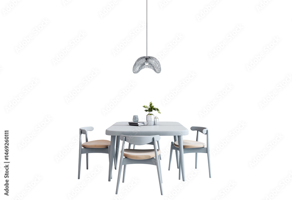 Poster contemporary dining table set with four chairs and pendant lamp in minimalist style, isolated on whi