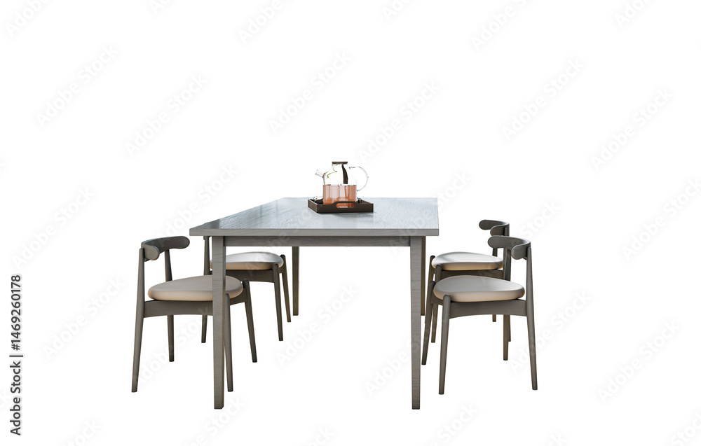 Poster wooden dining table with four chairs and a glass tea set on tray, isolated on white background, clea