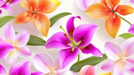 Fototapeta premium A seamless flower pattern with vibrant lilies and orchids, arranged symmetrically against a soft white background for a fresh, modern look.