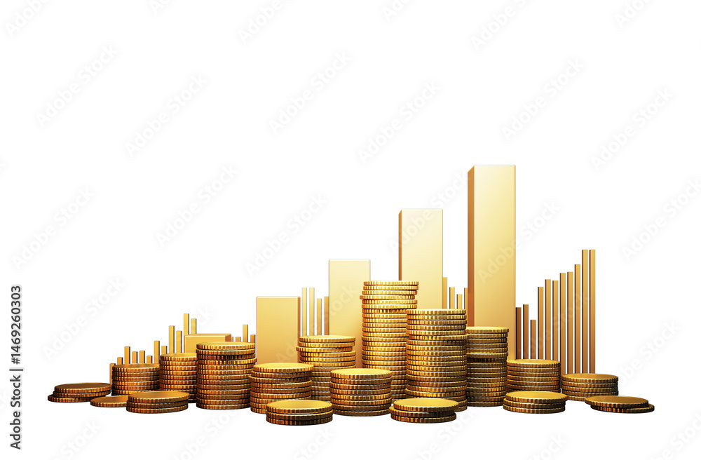 Poster gold coin stacks with rising abstract bar charts, clean graphic style on isolated white background. 