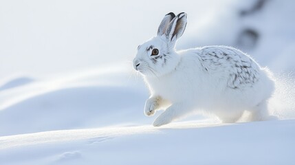 A snowshoe hare in motion across a snowy landscape.