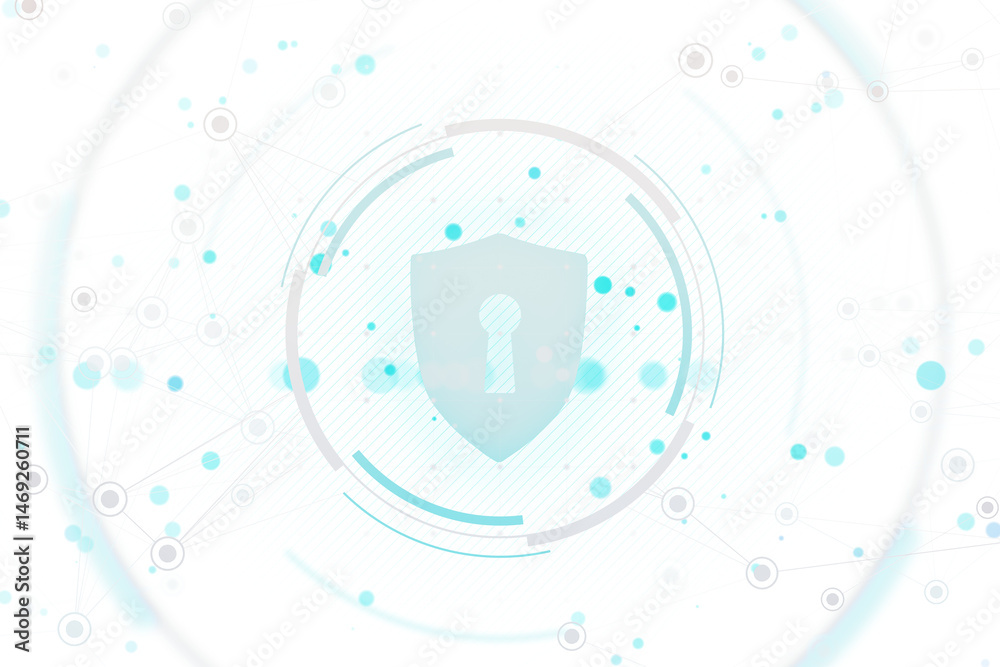 Aufkleber shield with keyhole symbol in center of abstract circular tech interface, blue dots, and lines over 