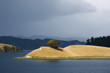 island archipelago in new zealand under dramatic storm clouds showcasing rich color tones