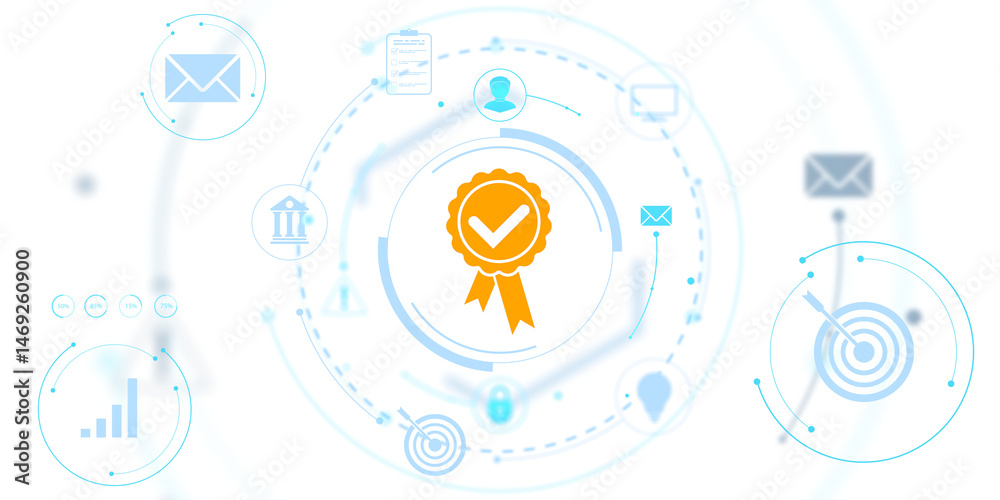 Aufkleber Certification symbol with checkmark in center, surrounded by abstract circular business icons in blue, on a clean white background. 3D Rendering