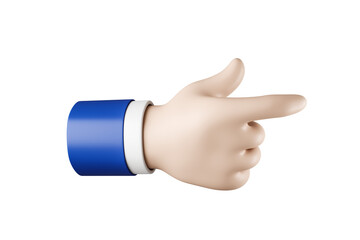 Stylized 3D cartoon hand with blue sleeve pointing right, isolated on clean white background, concept of direction, touch, and interaction. 3D Rendering.