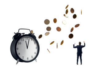 Alarm clock, flying coins, and a businessman on clean white background representing time management, financial success, and motivation