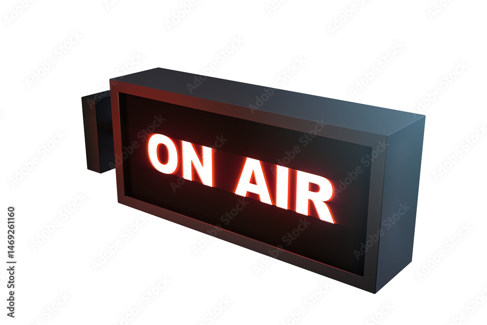 Poster glowing on air box-shaped sign with illuminated red letters, isolated on a white background, clean c