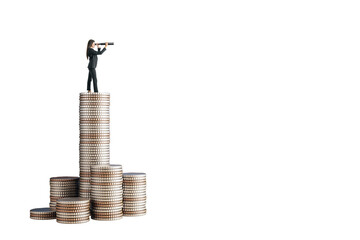 Businesswoman on tall stack of coins looking through telescope, isolated style on white background,...