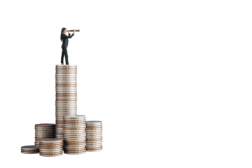 Businesswoman on tall stack of coins looking through telescope, isolated style on white background, concept of future vision in finance and investing
