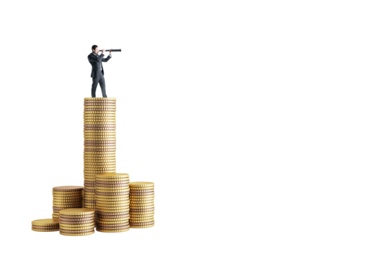 Businessman on gold coin stack holding telescope, isolated style on white background. Concept of financial vision, capital and investment