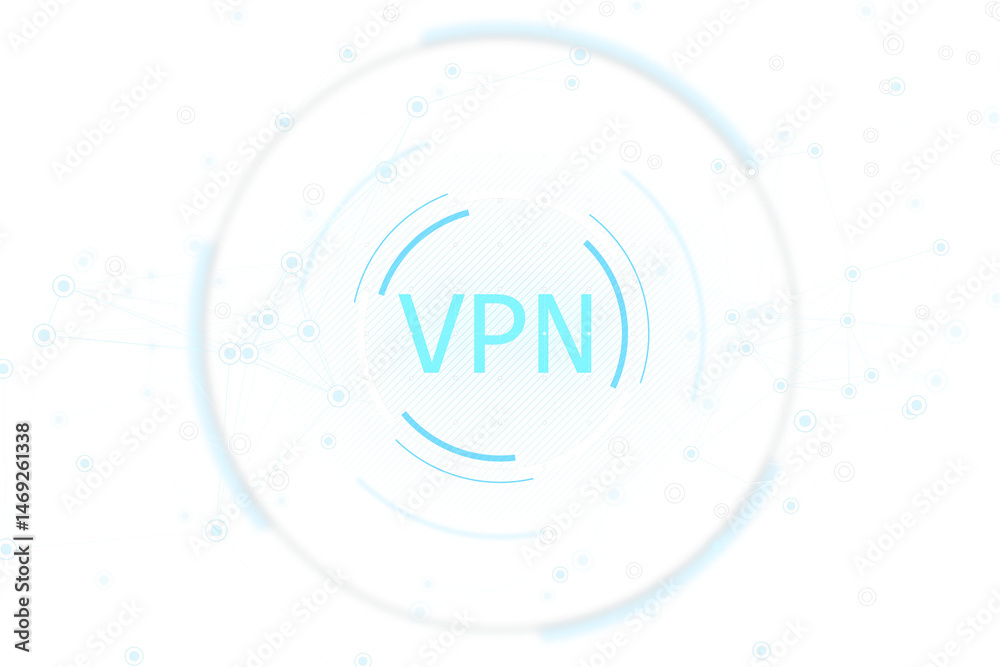 Leinwandbilder VPN symbol in cyan with abstract circular graphics and network nodes, isolated on white background, representing secure connection concept. 3D Rendering