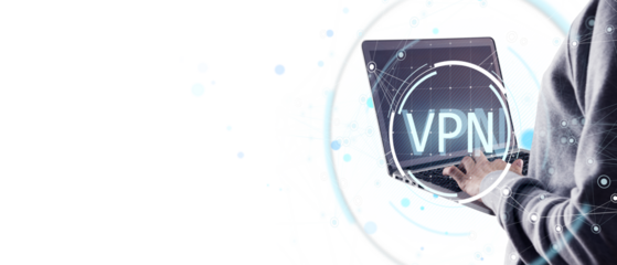 Person typing on laptop with VPN interface display, abstract digital network style, white background, concept of online privacy and protection