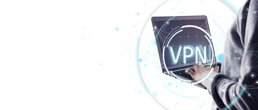 Person typing on laptop with VPN interface display, abstract digital network style, white background, concept of online privacy and protection - Powered by Adobe