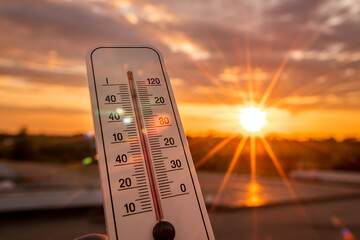 White thermometer against vibrant sunset sky showing 80?�F