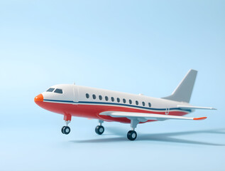 Obraz premium Miniature airplane model on blue background symbolizing travel and tourism