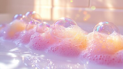 Relaxing Bubble Bath in Sunlight with Sparkling Bokeh and Colorful Iridescence bath colorful bokeh