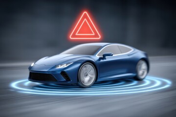 Blue electric car with advanced safety features and glowing warning triangle indicating caution while driving on a futuristic road showcasing modern transportation technology in dynamic motion