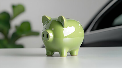 Green Piggy Bank On White Table With Plants And Car Background