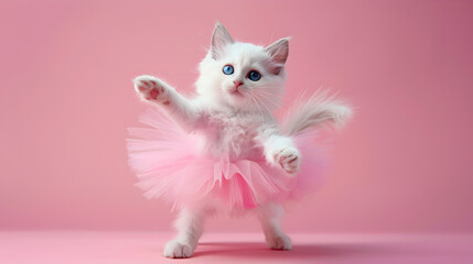 A white cat in a ballet tutu on a pink background with copy space, a Ballet Day banner with space for text