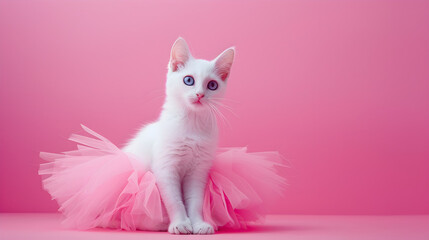 A white cat in a ballet tutu on a pink background with copy space, a Ballet Day banner with space for text