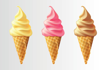 Realistic set of colorful ice cream in waffle cones isolated on white background. Summer icons of delicious desserts.