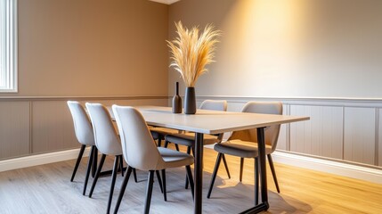 A well-designed conference room with a minimalist table, high-backed chairs, and neutral-colored walls, ideal for professional meetings.